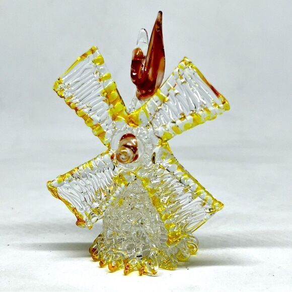 VINTAGE GLASS ART WINDMILL THAT SPINS 2.75” Clear and Yellow Glass CHARMING - Picture 1 of 5